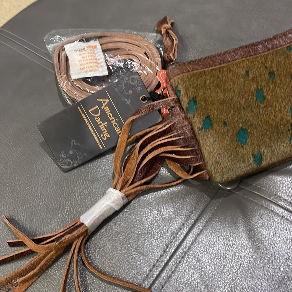 โค๏ธโค๏ธAmerican Darling Brown Turquoise Crossbody Cowhide Leather Hair-onโค๏ธโค๏ธ NWT - Picture 3 of 5